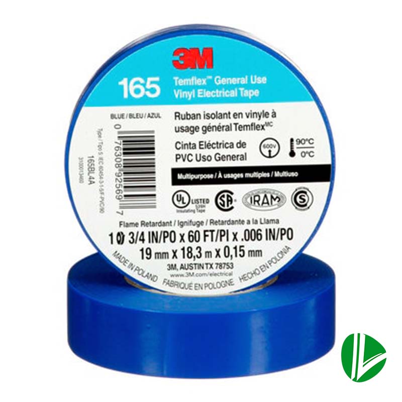 Cinta Temflex 3M azul de PVC, ideal para aislamiento eléctrico. Resistente a abrasión, humedad y corrosión. Soporta temperaturas de hasta 90 °C.